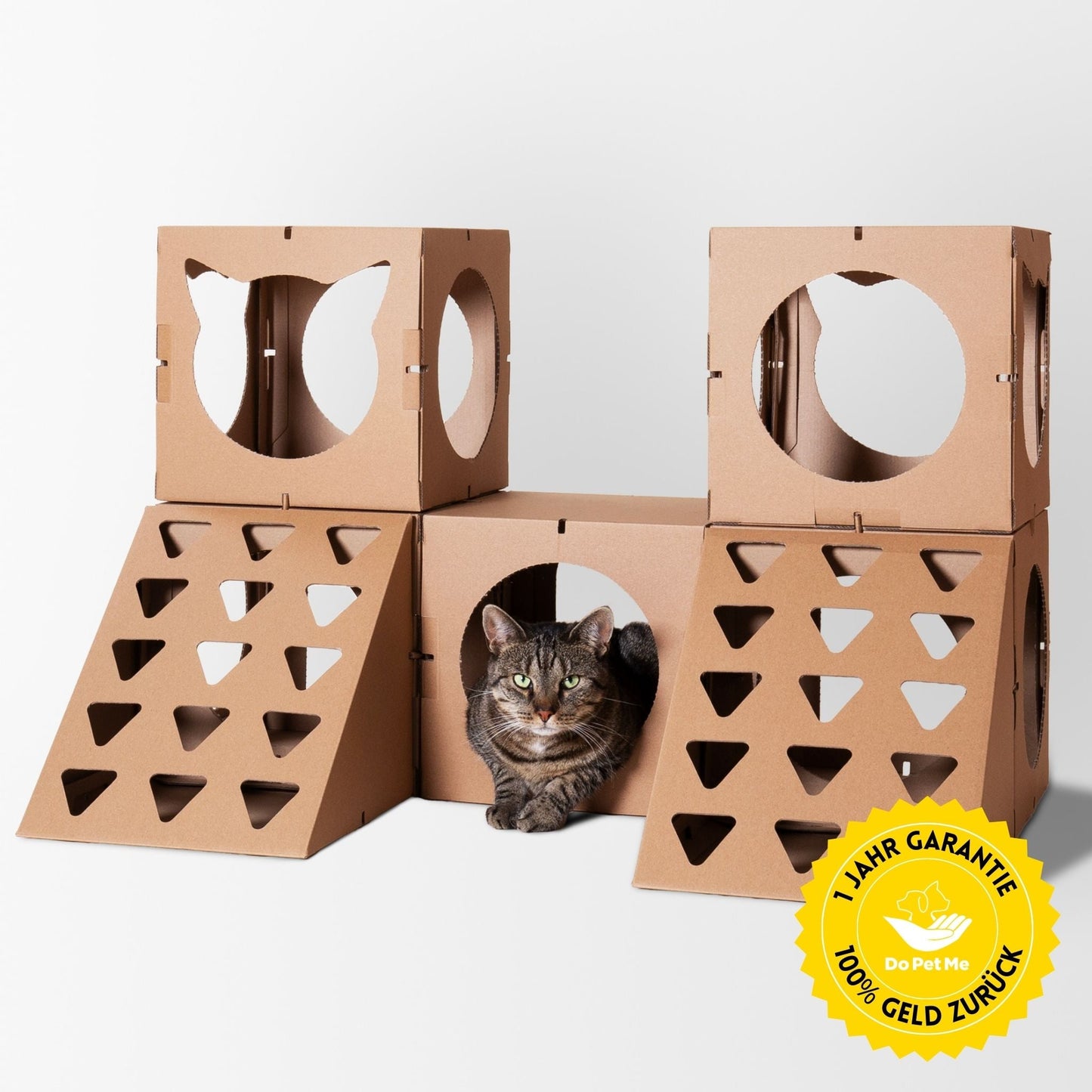Katze liegt in braunen Katzenhaus