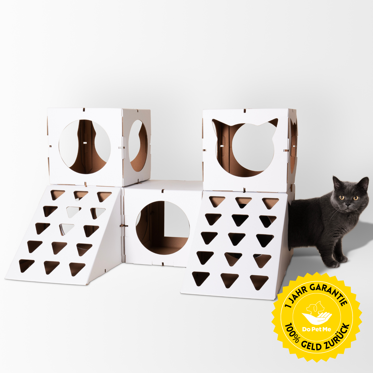 weißes Katzenhaus mit Katze