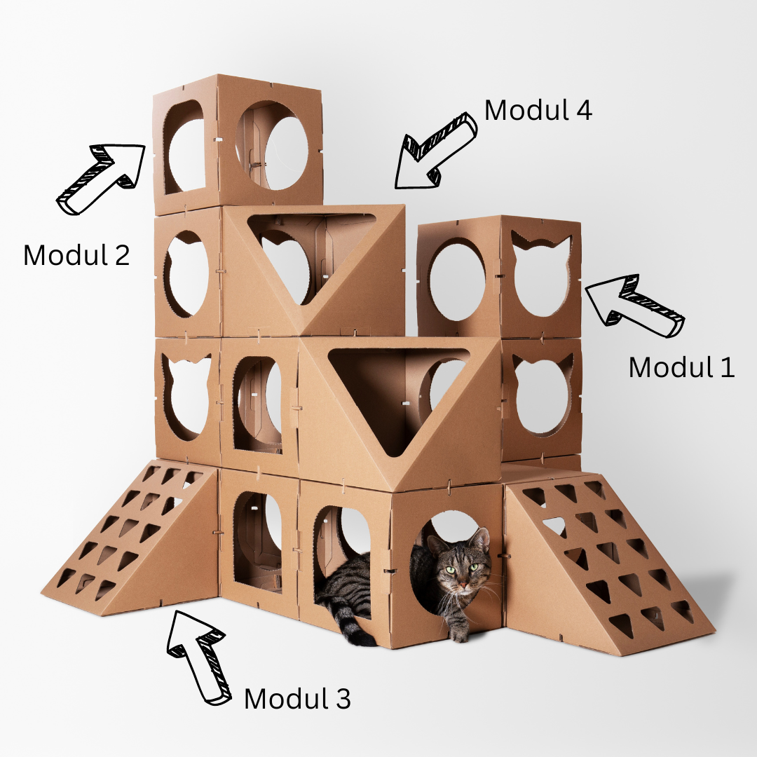 Alle Einzelteile eines modularen Katzenhauses – nachhaltig aus Karton gefertigt, zur individuellen Gestaltung und Erweiterung geeignet.