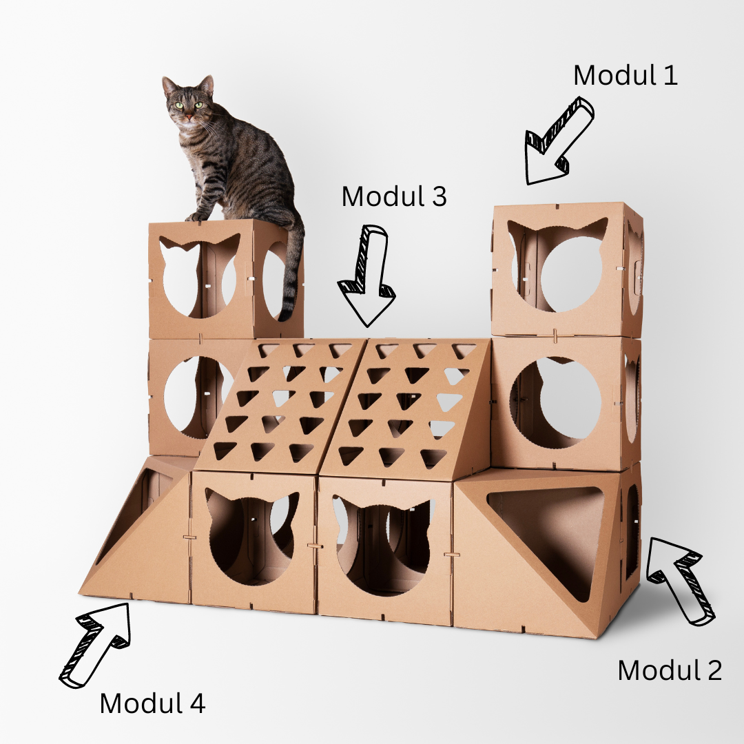 Modulare Einzelteile für Katzenhäuser – nachhaltig, flexibel kombinierbar und ideal zur individuellen Anpassung von Katzenmöbeln.