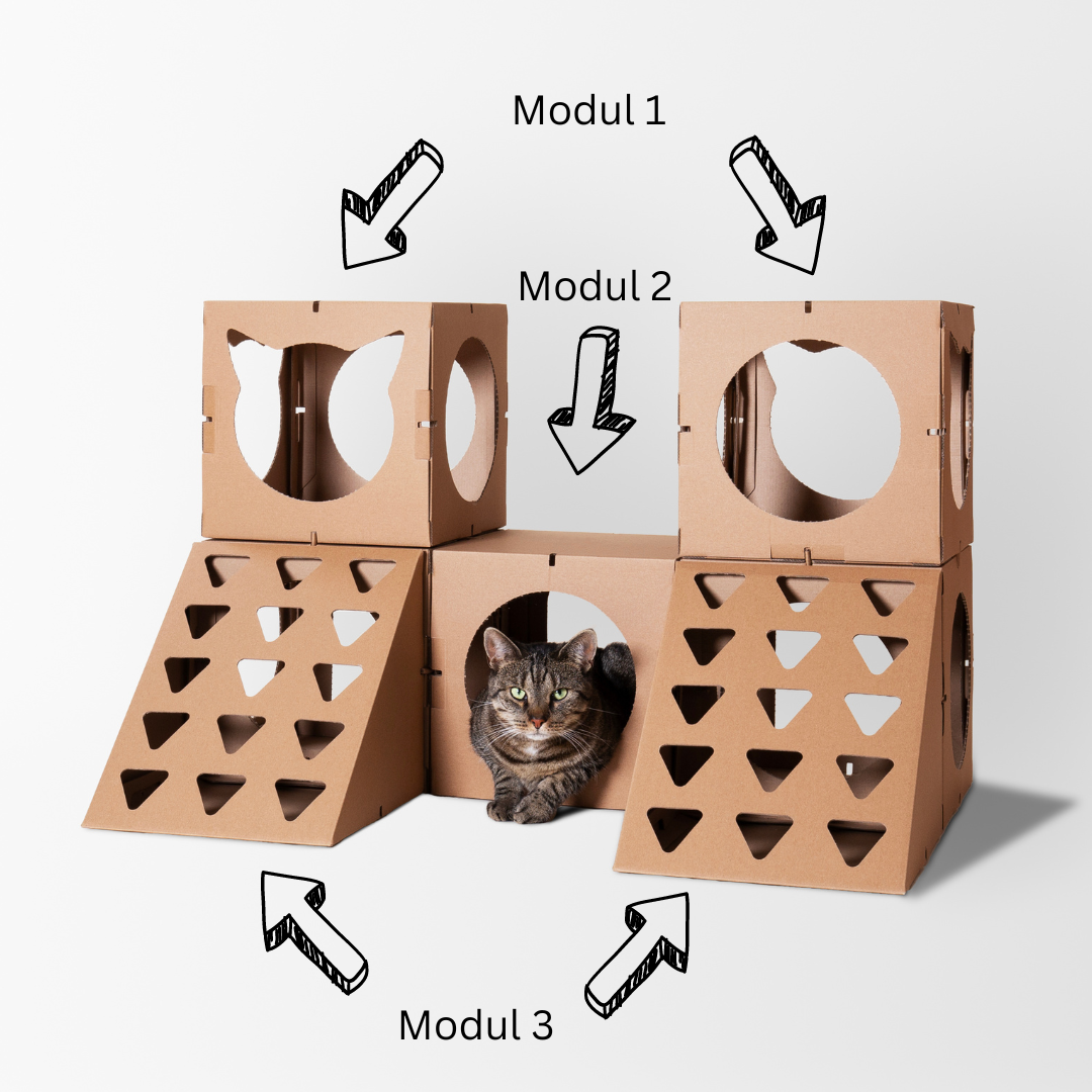 Alle modularen Einzelteile eines Katzenhauses – flexibel zusammenstellbar, aus nachhaltigem Karton, ideal für kreative Katzenbesitzer.