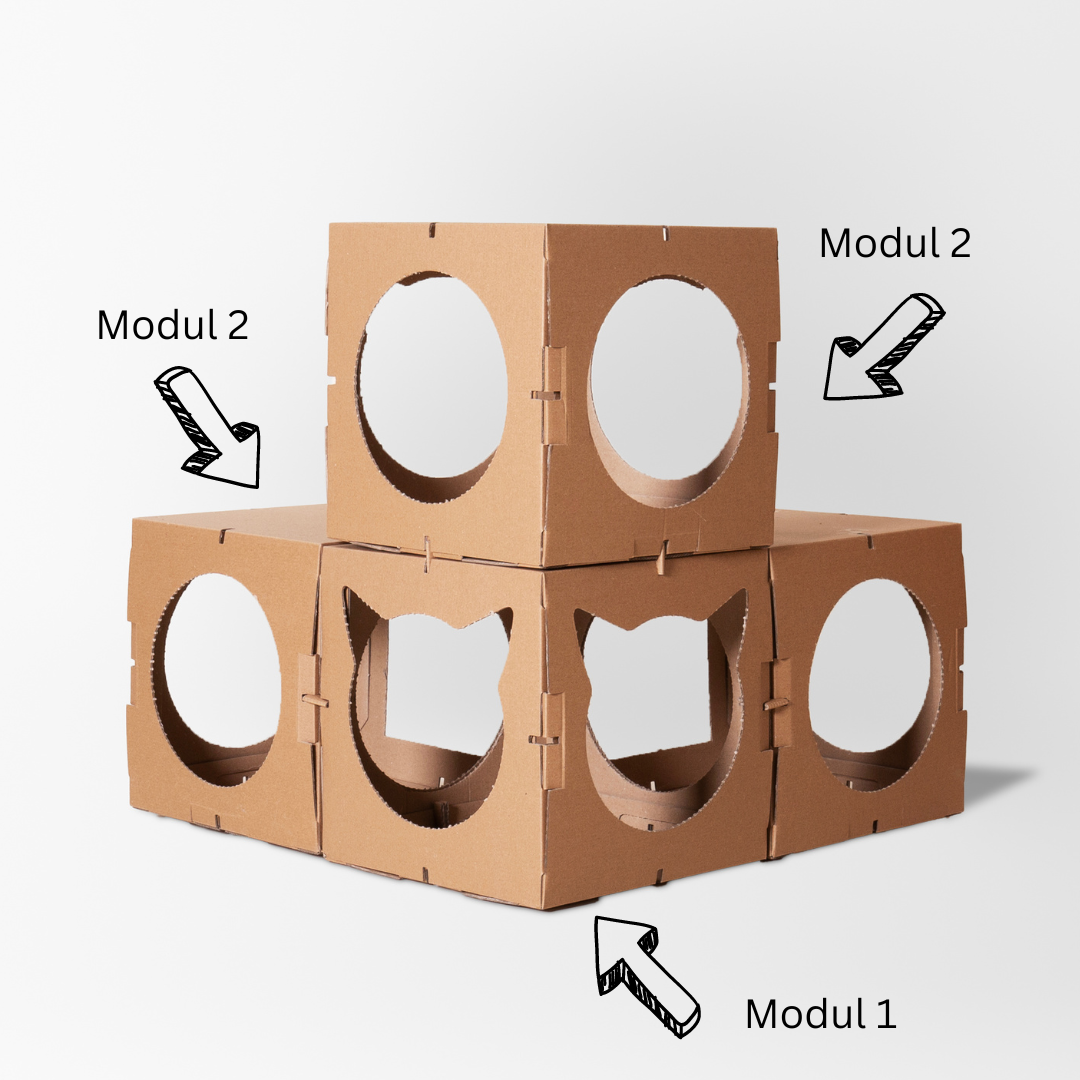 Nachhaltige Einzelteile für Katzenhäuser – individuell kombinierbar, aus recycelbarem Karton gefertigt, für kreatives Katzenmöbeldesign.